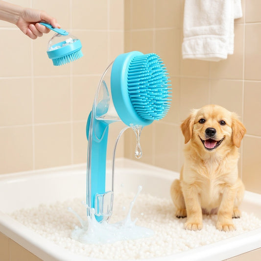 Pet Bath Brush 2-in-1: Dog & Cat Shampoo Dispenser Massager – Multi-Functional Grooming Scrubber for Long & Short Hair