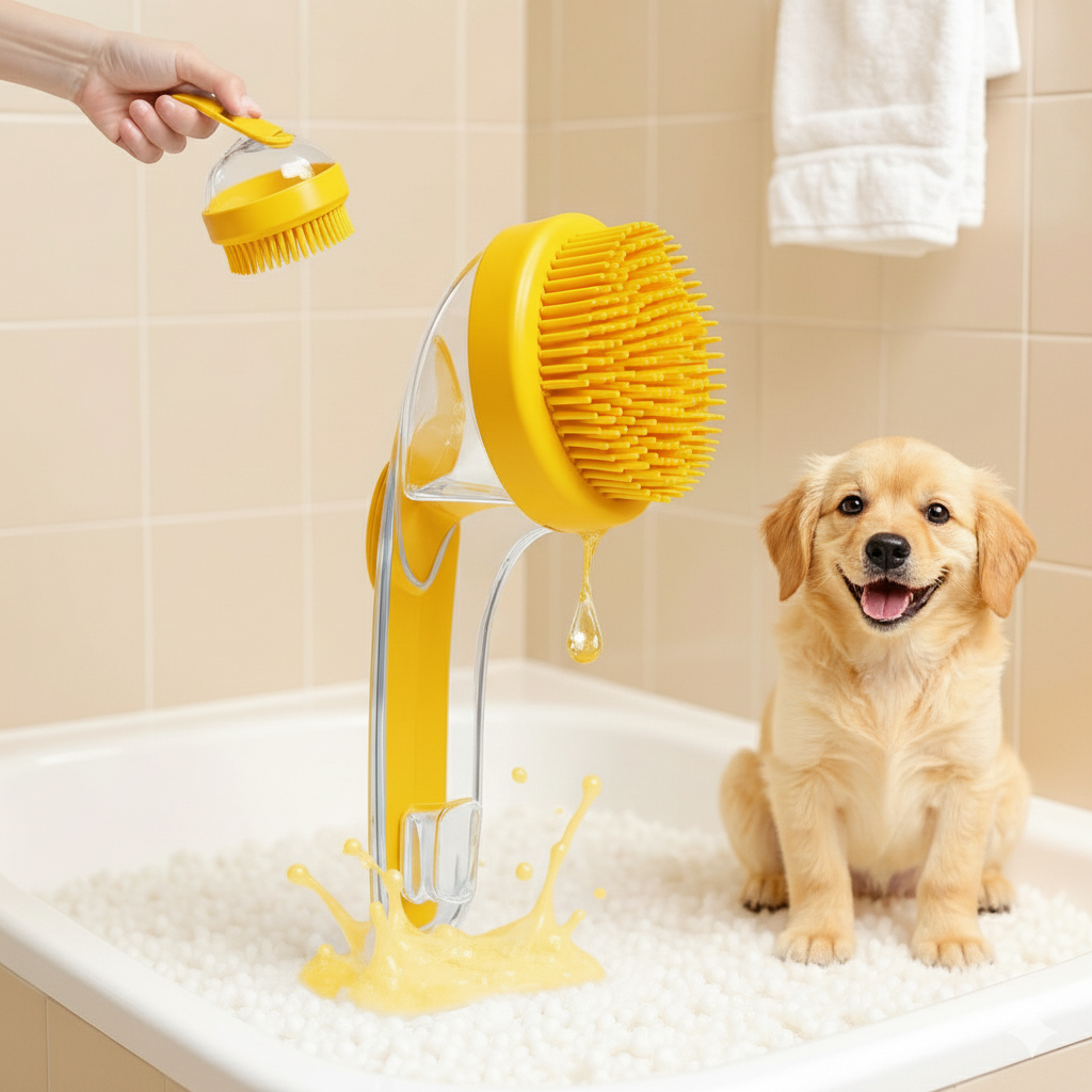 Pet Bath Brush 2-in-1: Dog & Cat Shampoo Dispenser Massager – Multi-Functional Grooming Scrubber for Long & Short Hair