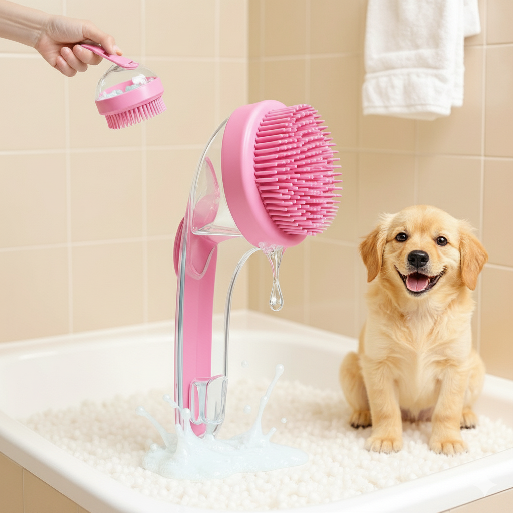 Pet Bath Brush 2-in-1: Dog & Cat Shampoo Dispenser Massager – Multi-Functional Grooming Scrubber for Long & Short Hair